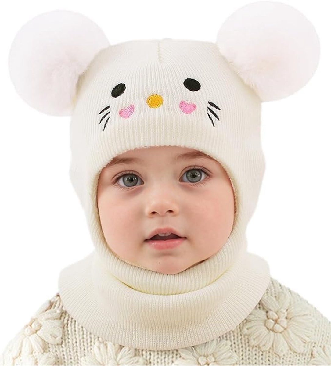 Bivakmuts kind - Babymuts winter - Warme sjaalmuts - Gebreide muts met pompons - Winddichte hoofdbescherming - Voor buitenactiviteiten - Geschikt voor skiën - Wit - 6 maanden - Tot 6 jaar