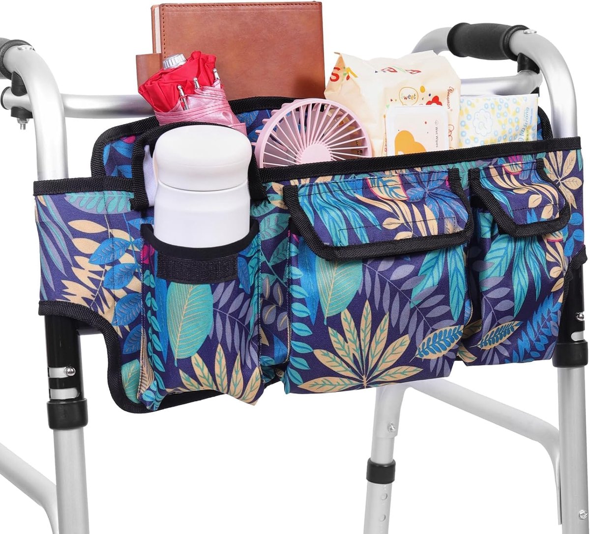 Rollatortas met bekerhouder - Opvouwbare rollatormand - Organizer voor rollator - Handsfree opbergtas - Flexibele bevestigingsriemen - Meerdere opbergvakken - Waterafstotende stof - Bloemenpatroon blauw