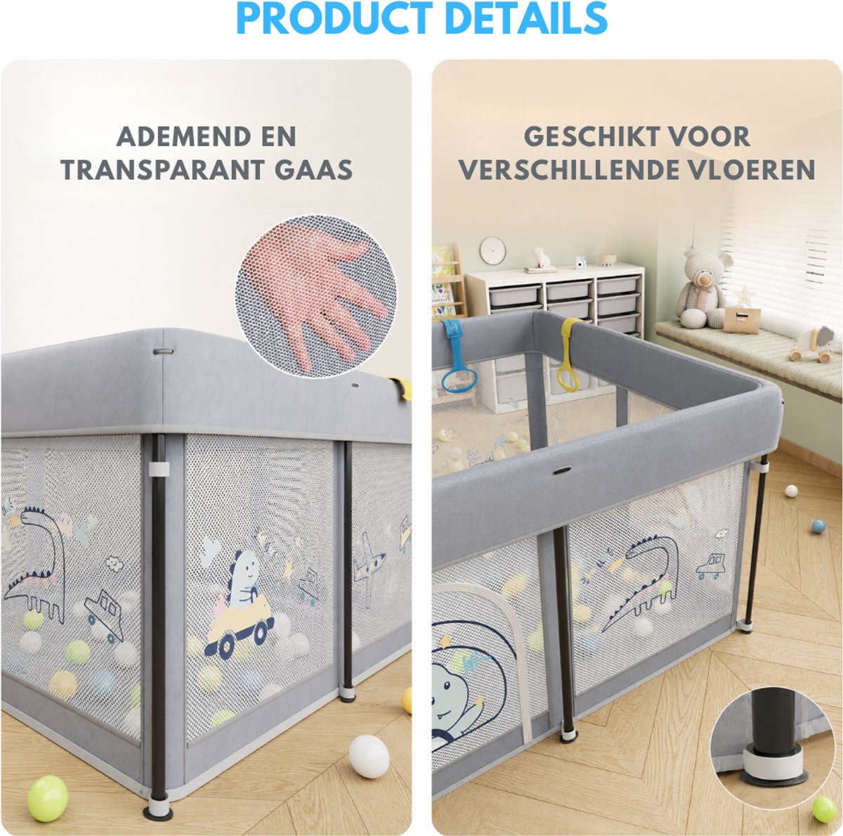 Livista Baby Grondbox – Opvouwbaar Babybox – 120x120x65 cm – Speelbox – Inclusief Speelmat, 60 Ballen en 4 Trekringen – Opbergtas – Ademend & Transparant Gaas – Compact Inklapbaar – Grijs – foto 3