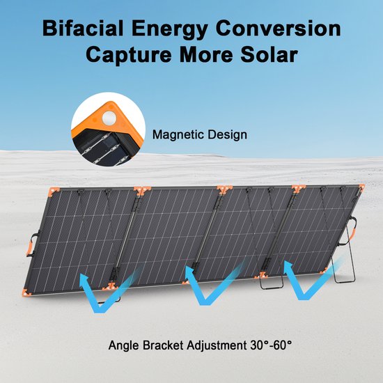 Bifacial zonnepaneel met oranje accenten, op standaard, met blauwe pijlen die zonne-energie aangeven.