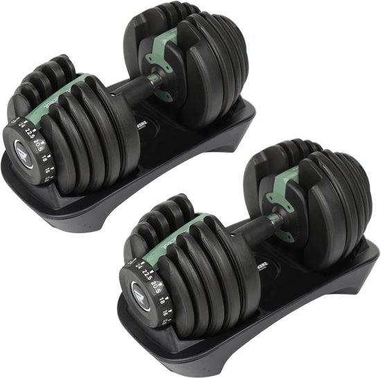 Een set van twee verstelbare Rockerz dumbbells van 24 kg op hun zwarte houders.