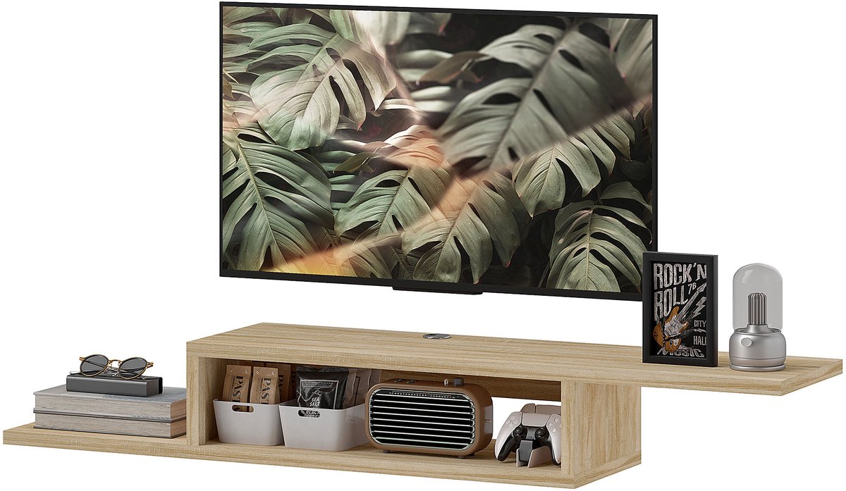 Zwevend tv-meubel voor aan de muur - zwevende wandplank - nis - kabelmanagement - licht eikenhout