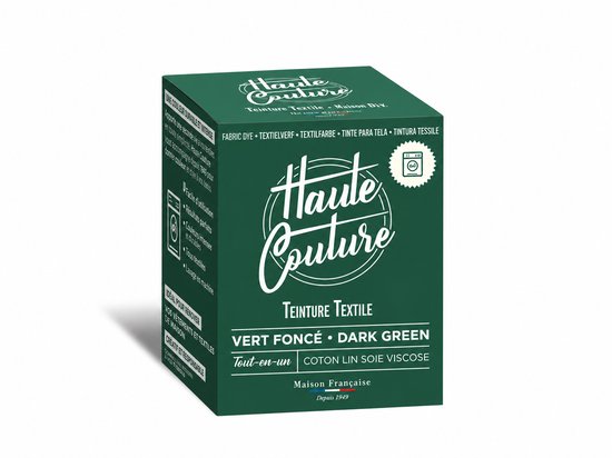 Emballage de teinture textile Haute Couture, vert foncé, avec logo 'Haute Couture' et texte 'Teinture Textile'. Convient pour coton, lin, soie et viscose.