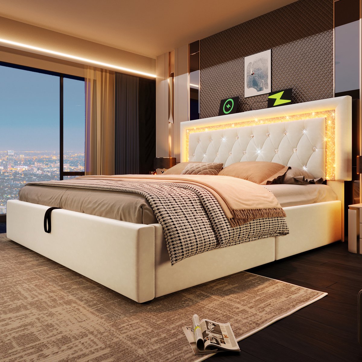 AURA LUMEN Gestoffeerd bed-Tweepersoonsbed-160x200 cm-LED-diamantband-hydraulisch-bed met USB en Type-C-ladestation-beige