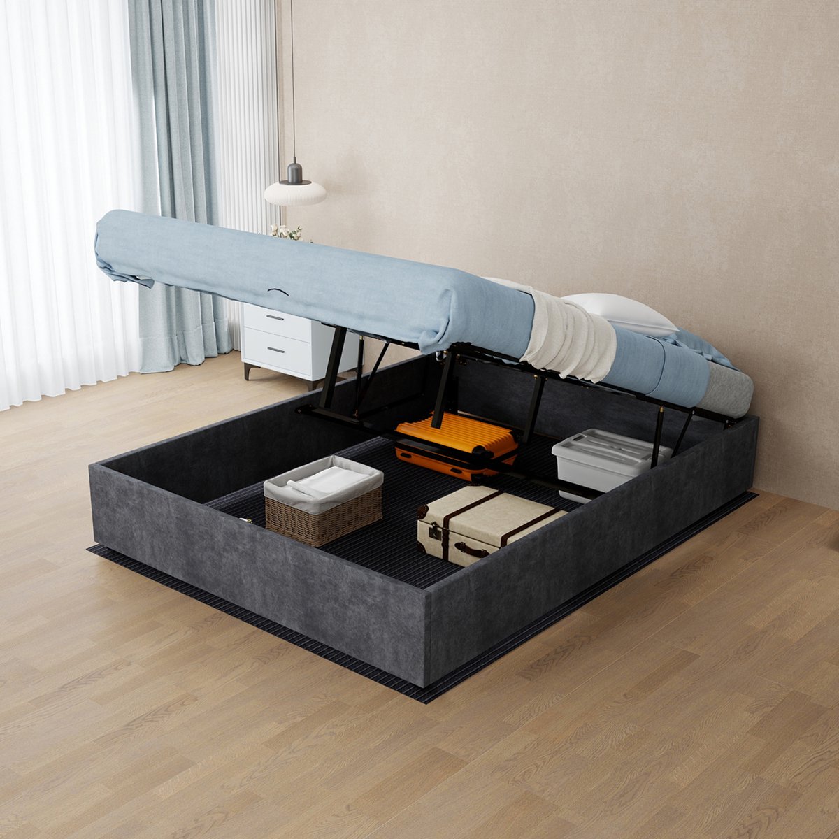 AURA LUMEN-Gestoffeerd bed-Twijnfelaarbed-140x200 cm-Gasveer bed-Bed met opbergruimte-Grijs