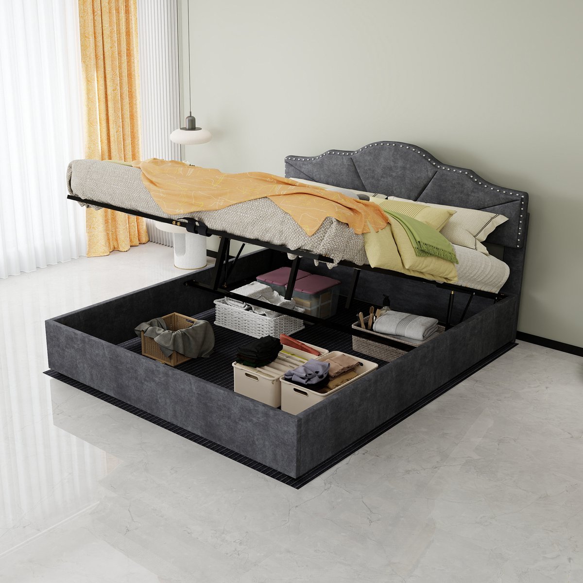 AURA LUMEN-Gestoffeerd bed-Tweepersoonsbed-160 x 200 cm-Hydraulisch bed met opbergruimte-Bed met hoofdbord-Grijs