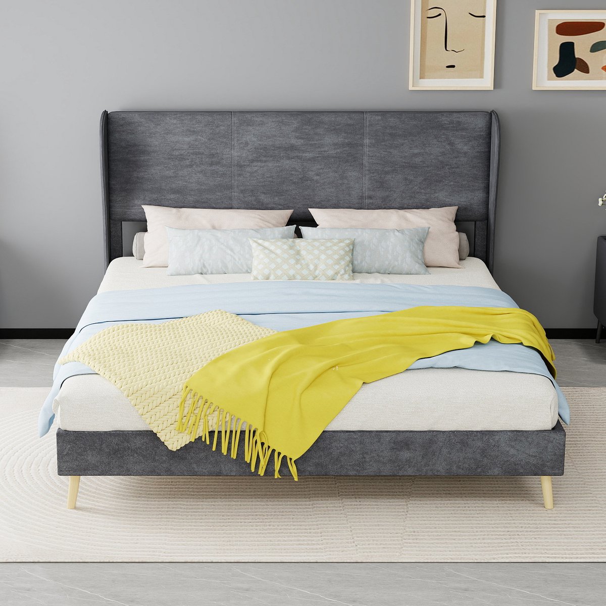 AURA LUMEN-Gestoffeerd bed-Tweepersoonsbed-160 x 200 cm-Zacht hoofdbord-Laag profiel-Grijs