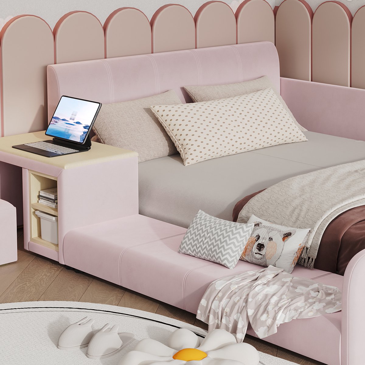 AURA LUMEN Gestoffeerd bed-Eenpersoonsbed-90 x 200 cm-Met kinderschrijftafel-en hocker-Met opbergruimte-Roze