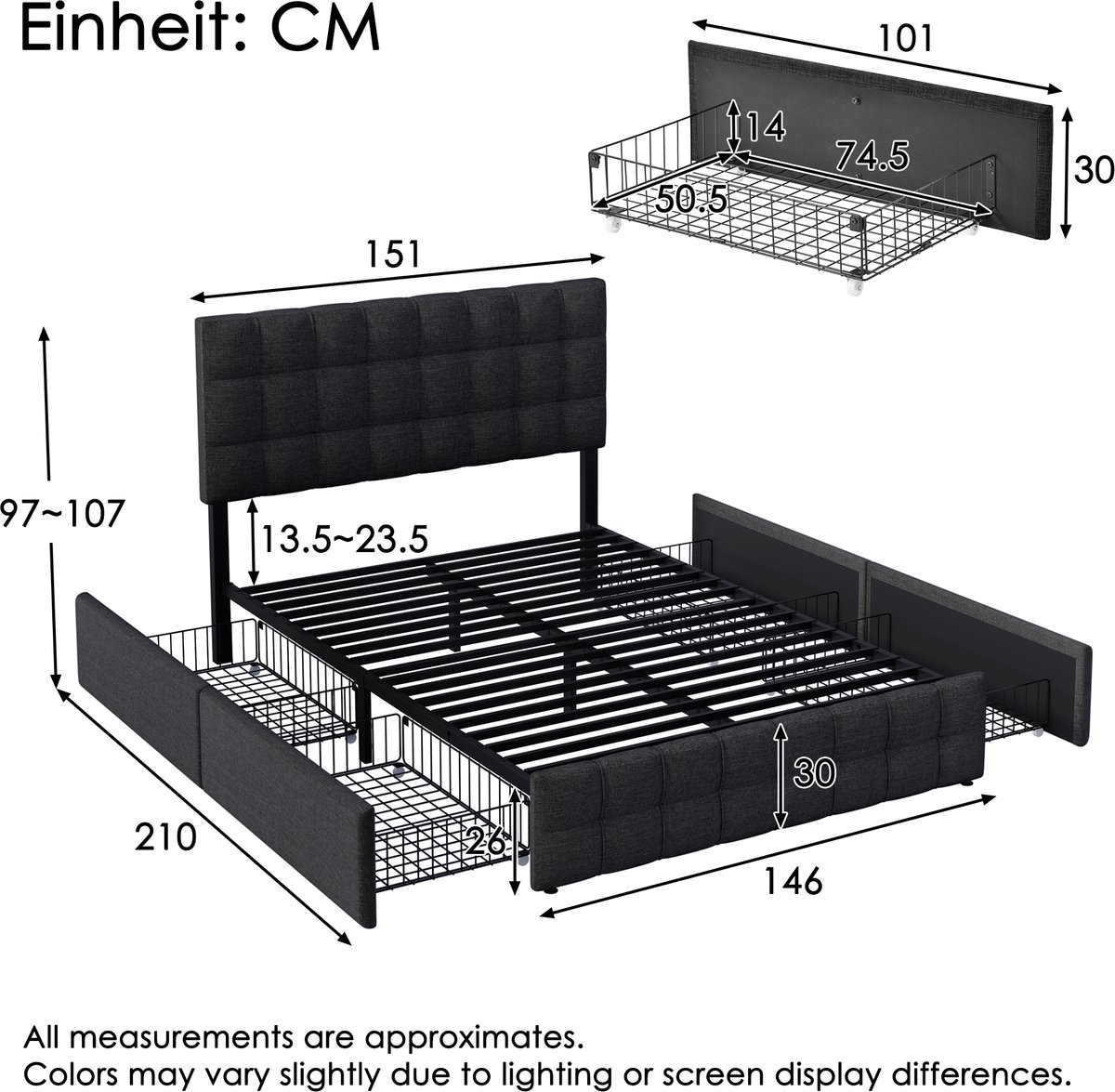 AURA LUMEN Gestoffeerd bed-Twijnfelaarbed-140x200 cm-Bed met lades-Hoogteverstelbaar hoofdbord-Zwart