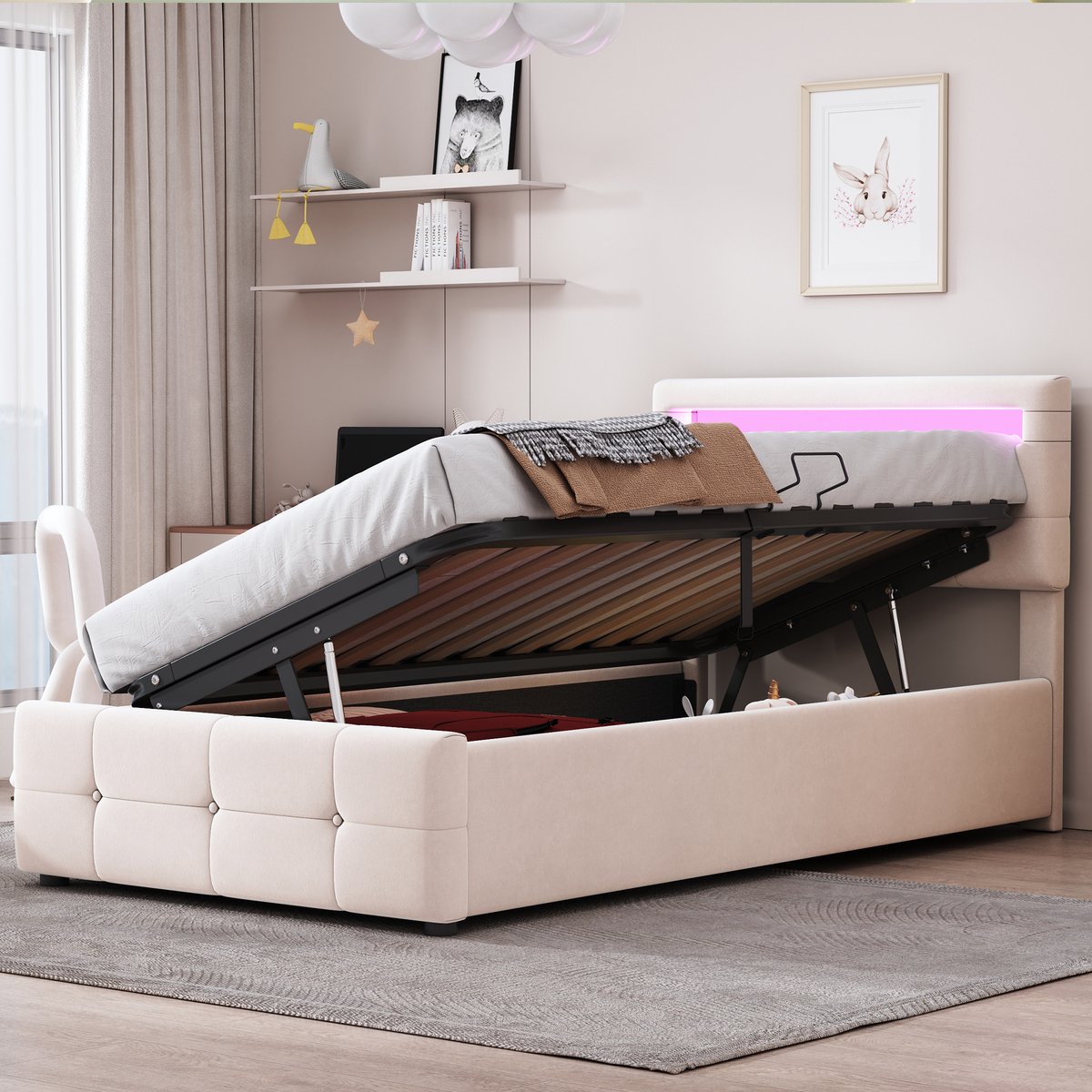AURA LUMEN Gestoffeerd bed Eenpersoonsbed 90 x 200 cm Hydraulisch opbergbed LED-verlichting Verstelbaar hoofdbord Beige