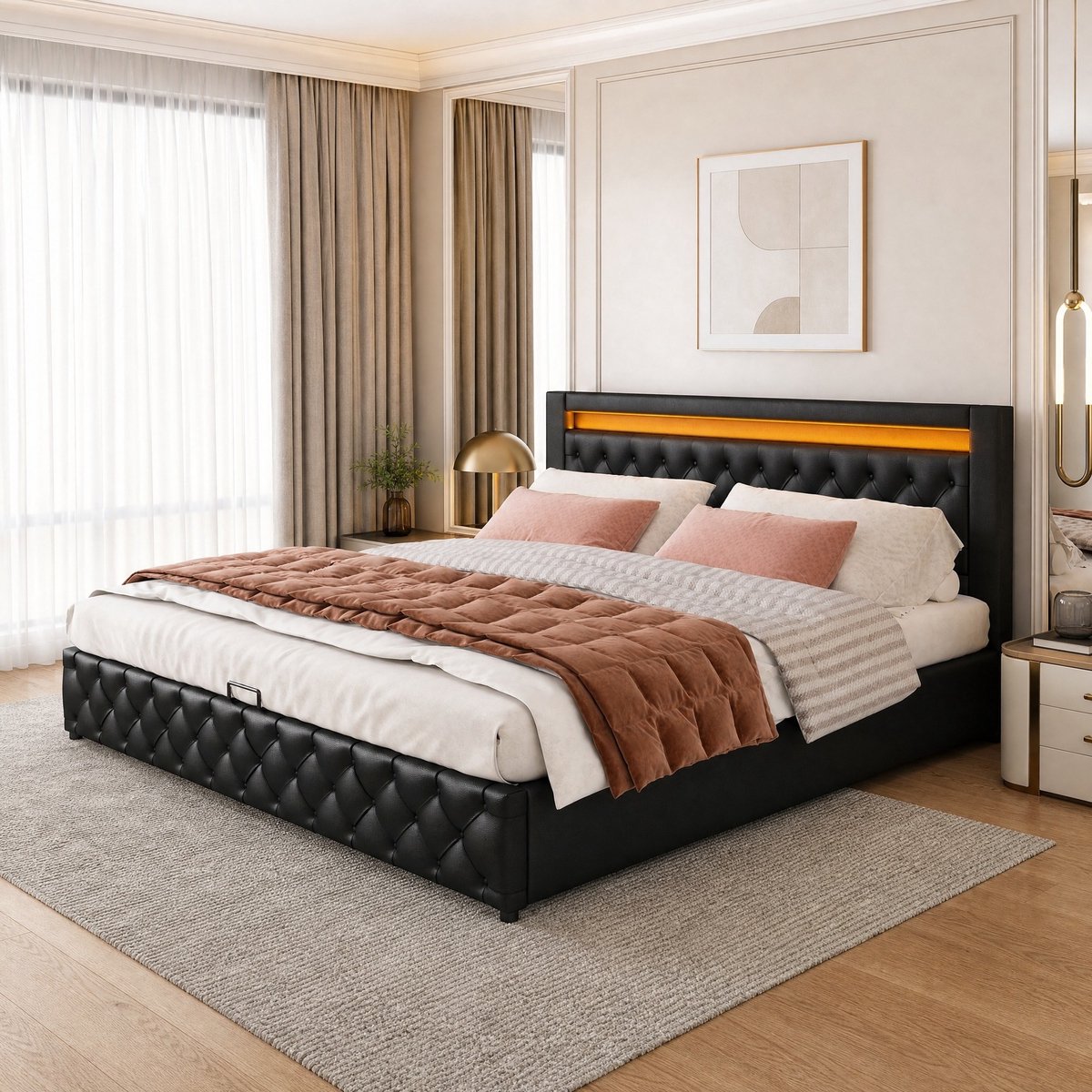 WUVRIE Gestoffeerd bed 140x200 cm met LED, lattenbodem en opbergruimte, zwart