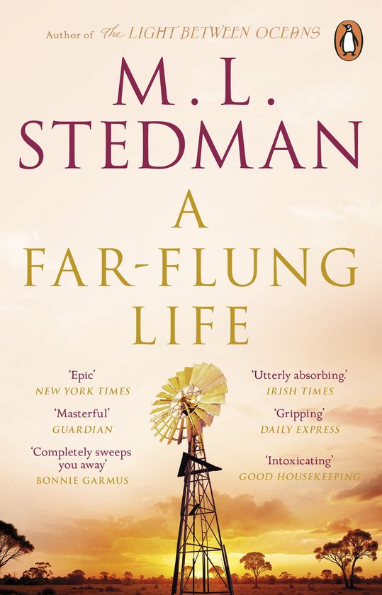 Boek 'A Far-Flung Life' van M.L. Stedman met op de omslag een windmolen bij zonsondergang.
