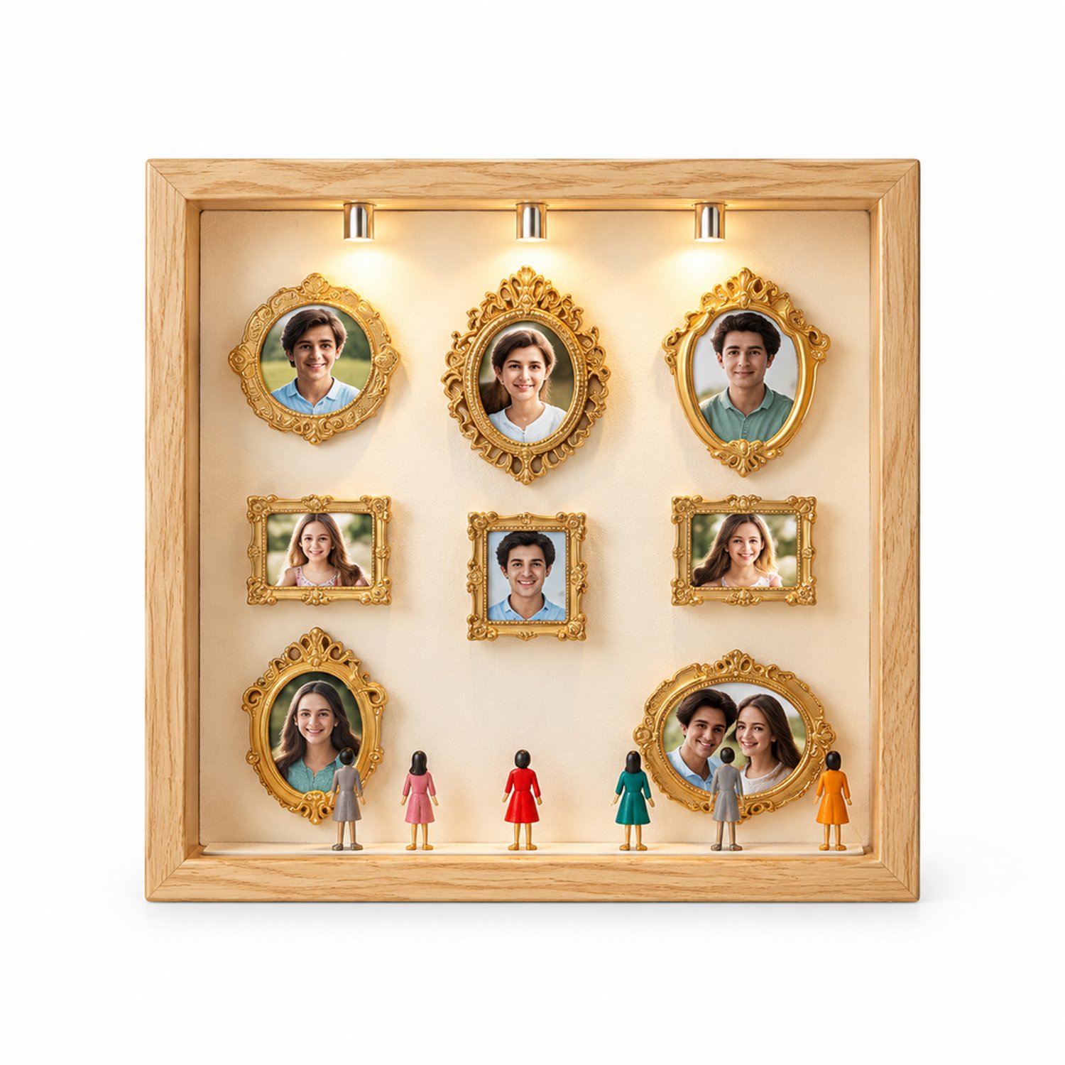 SWGOTA Naturelkleurige MDF-displaylijst voor op tafel, binnenmaat 15 x 20 cm, met 8 miniatuurlijstjes, 8 willekeurige figuurtjes en 2 lampjes