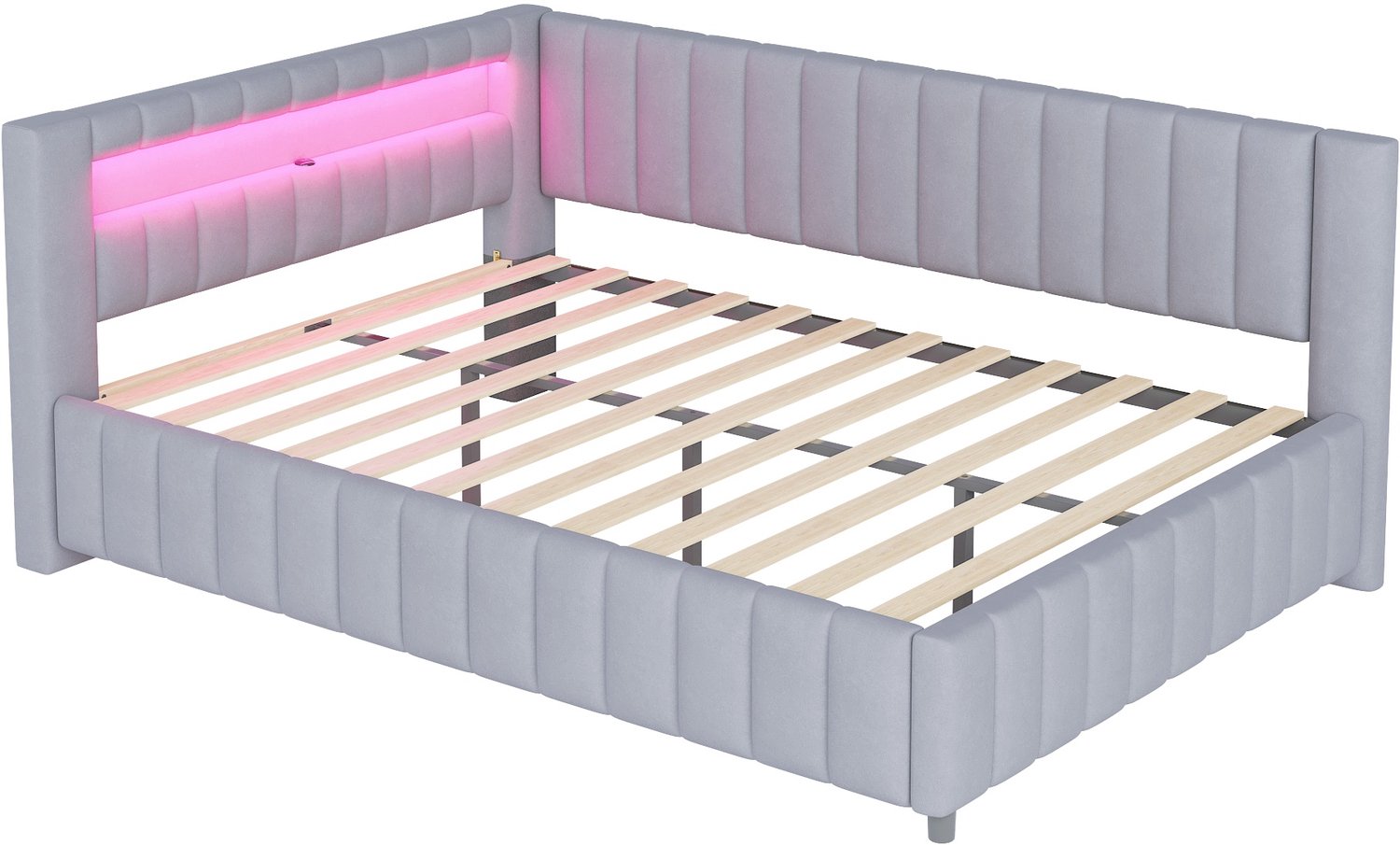MUVANO Slaapbank 140x200 cm - l-vormige slaapbank - gestoffeerd bed van fluweel met ledverlichting en usb-aansluiting voor woonkamer en slaapkamer Grijs