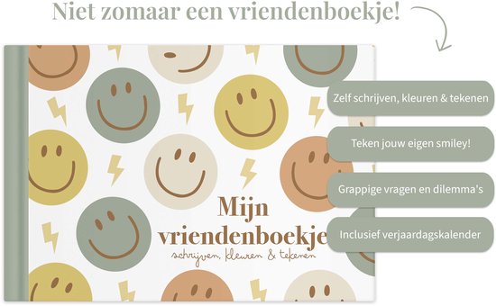 Vriendenboekje met vrolijke smiley- en bliksemschichtpatronen in zachte tinten, inclusief tekst over schrijven en tekenen.