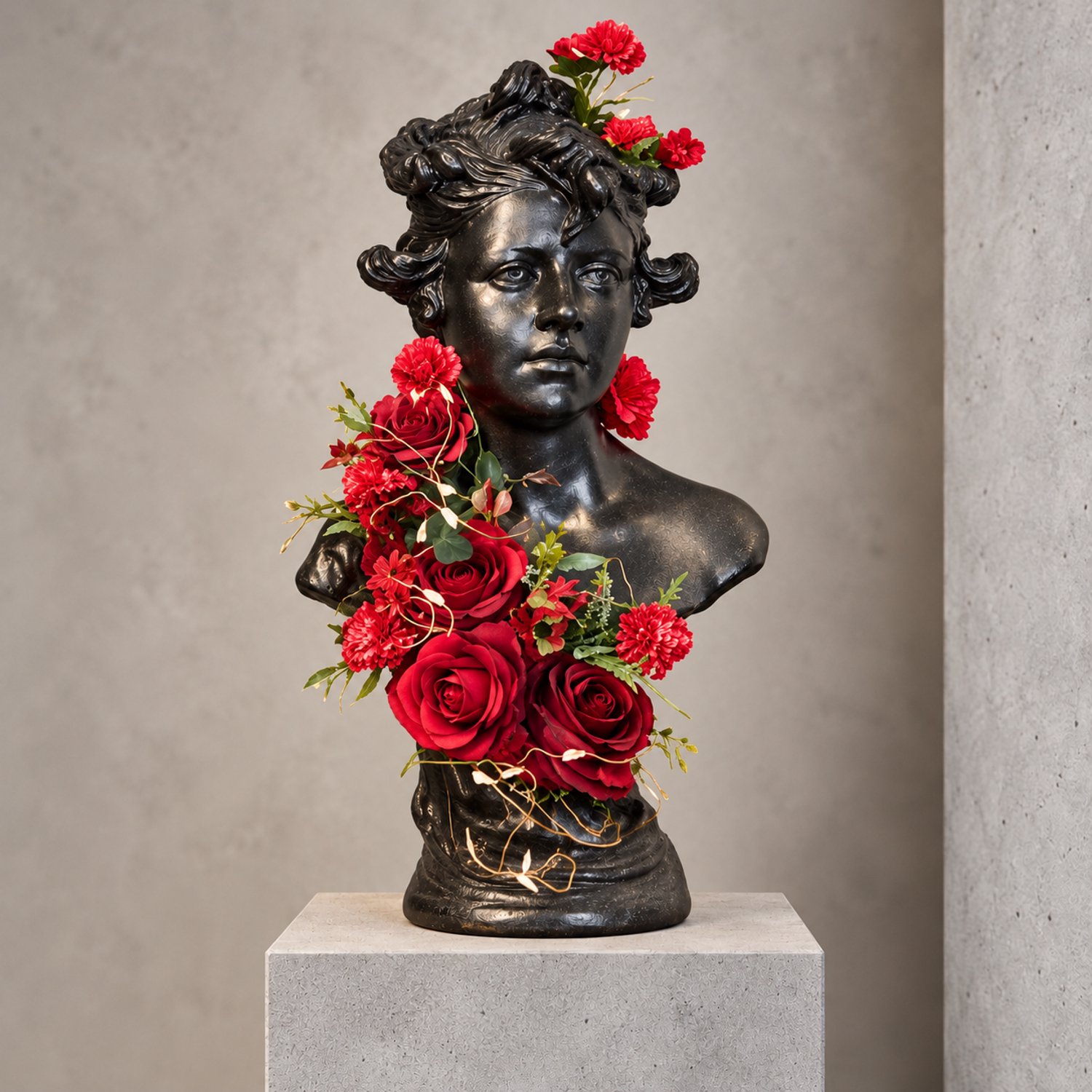 Seta Fiori Hemelse Roos - Zwarte Stenen Vrouwenbuste met Rode Kunstrozen - 55 cm - Handgemaakt Uniek Exemplaar - Brocante Decoratie zwart en rood