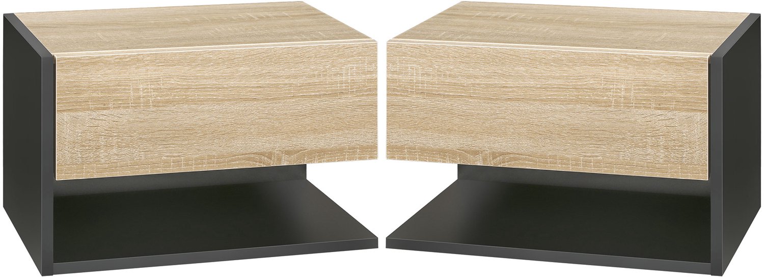 Lunpog Set van 2 hangende nachtkastjes met schuiflade - tweekleurig - in de kleur zwart eiken - wandnachtkastjes van hout