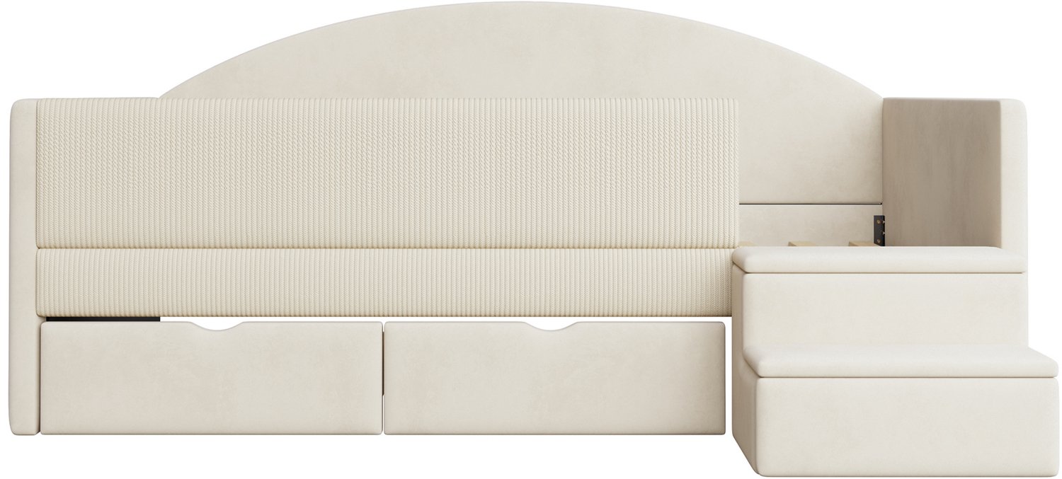 MUVANO Gestoffeerd kinderbed 90x190 cm - kinderbed met twee opberglades en antislip opstapjes - fluwelen bed met veiligheidshekje, beige, zonder matras