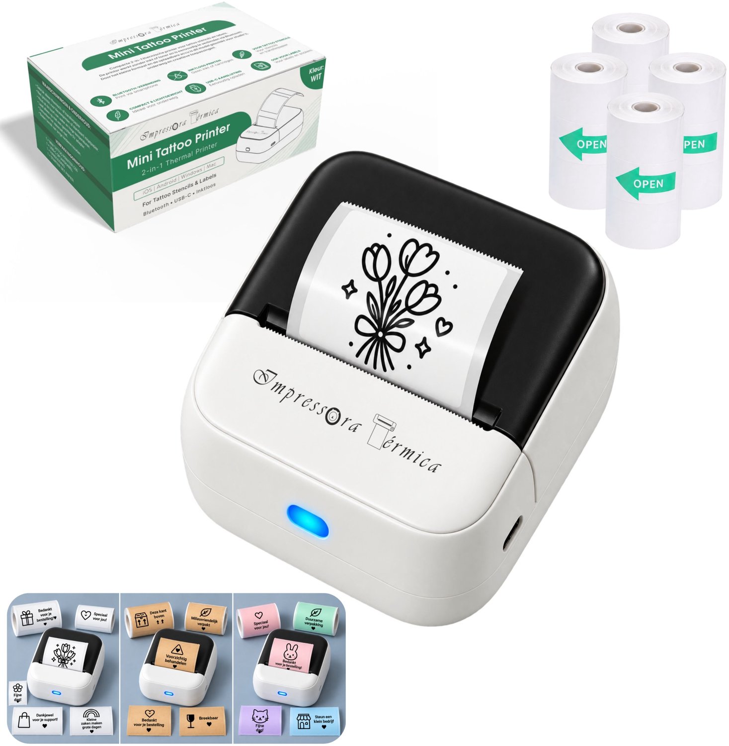 Impressora Térmica Mini Printer - Pocket Printer - Sticker Printer voor Smartphone - Fotoprinter voor Mobiel - Tattoo Stencil - Bluetooth - Zonder Inkt - Inclusief 20 vellen tattoo-transferpapier