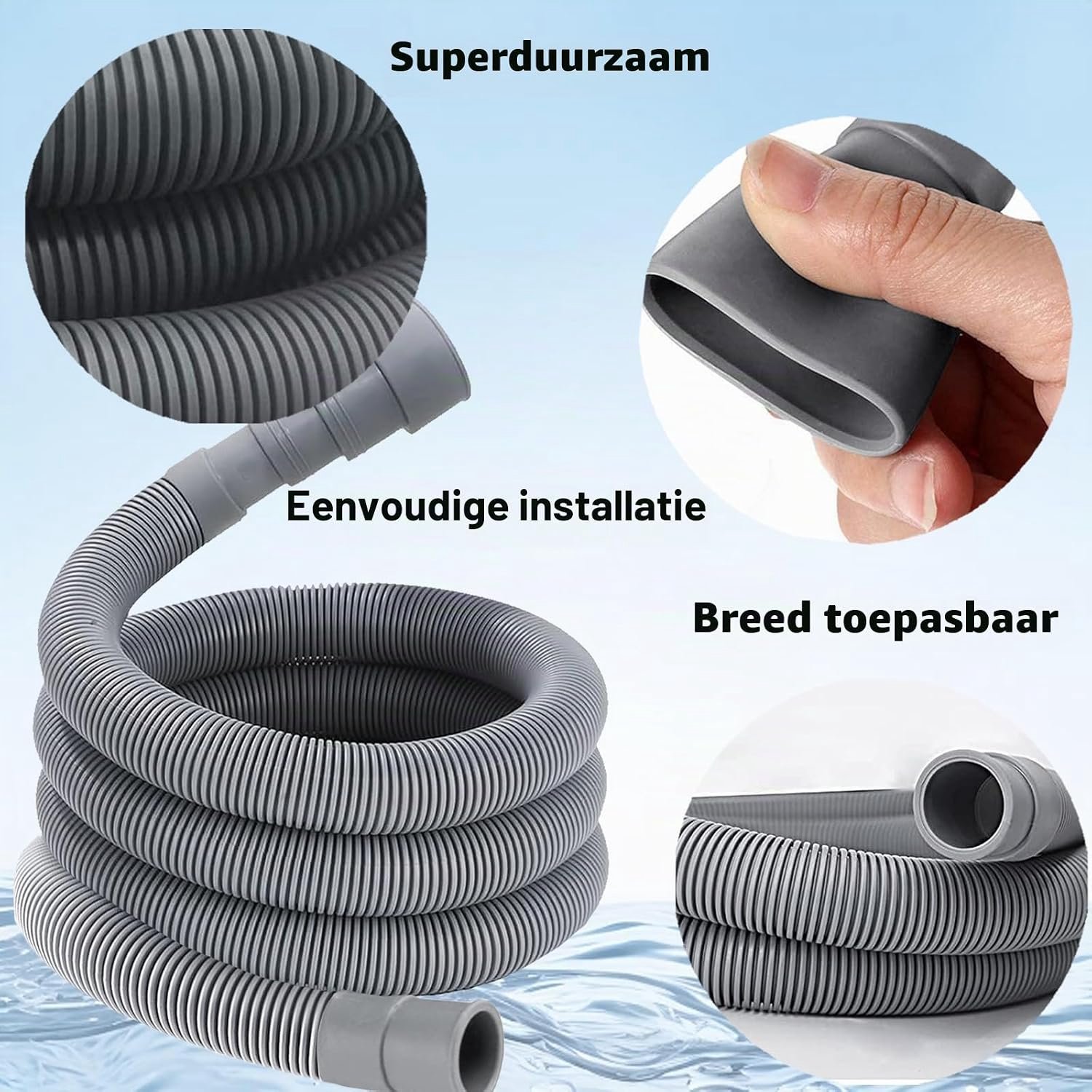 Afvoerslang Wasmachine 1.5 m - Inclusief adapter en klemmen - Geschikt voor 4 aansluitingen - Makkelijk te installeren - Vemera