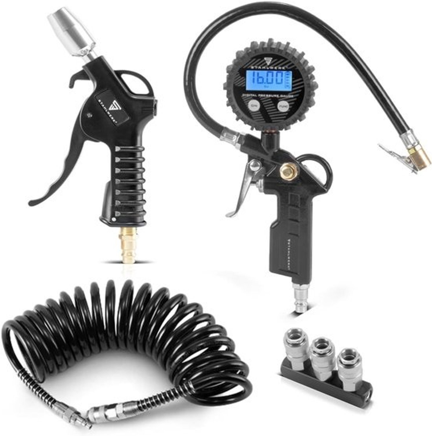 Persluchtset 4-delig - Compressor accessoires - Werkplaats organiseren - Digitale bandenpomp - 5 meter slang - Grijs