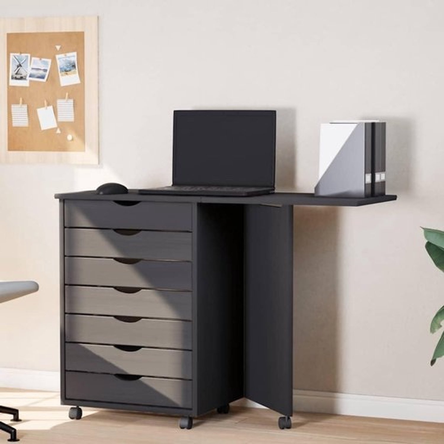 Rolkast met bureau - Mobiele archiefkast Ladekast - Thuiswerken organiseren - Opvouwbaar bureaublad - 105.5 x 39 x 74 cm