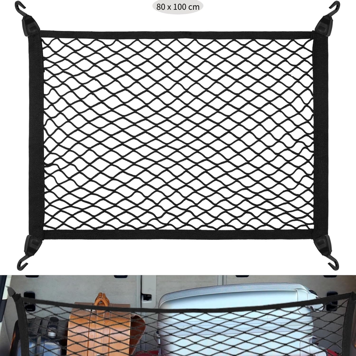 SnelShoppen - Universele Auto Bagage Net met 4 Haakjes 100 x 80 cm, Uitbreidbaar tot 200 x 160 cm, Elastisch Trunk Organizer voor Reizen, Camping en D
