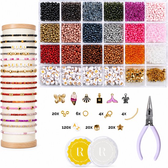 Richly Luxe Kralen set - Armbandjes maken meisjes - Sieraden Maken Volwassenen - incl. E-BOOK -oud & Bruin - 6 Bedels & Gouden RVS - Letterkralen - Kralen Ketting - Knutselen Meisjes - Premium Verpakking
