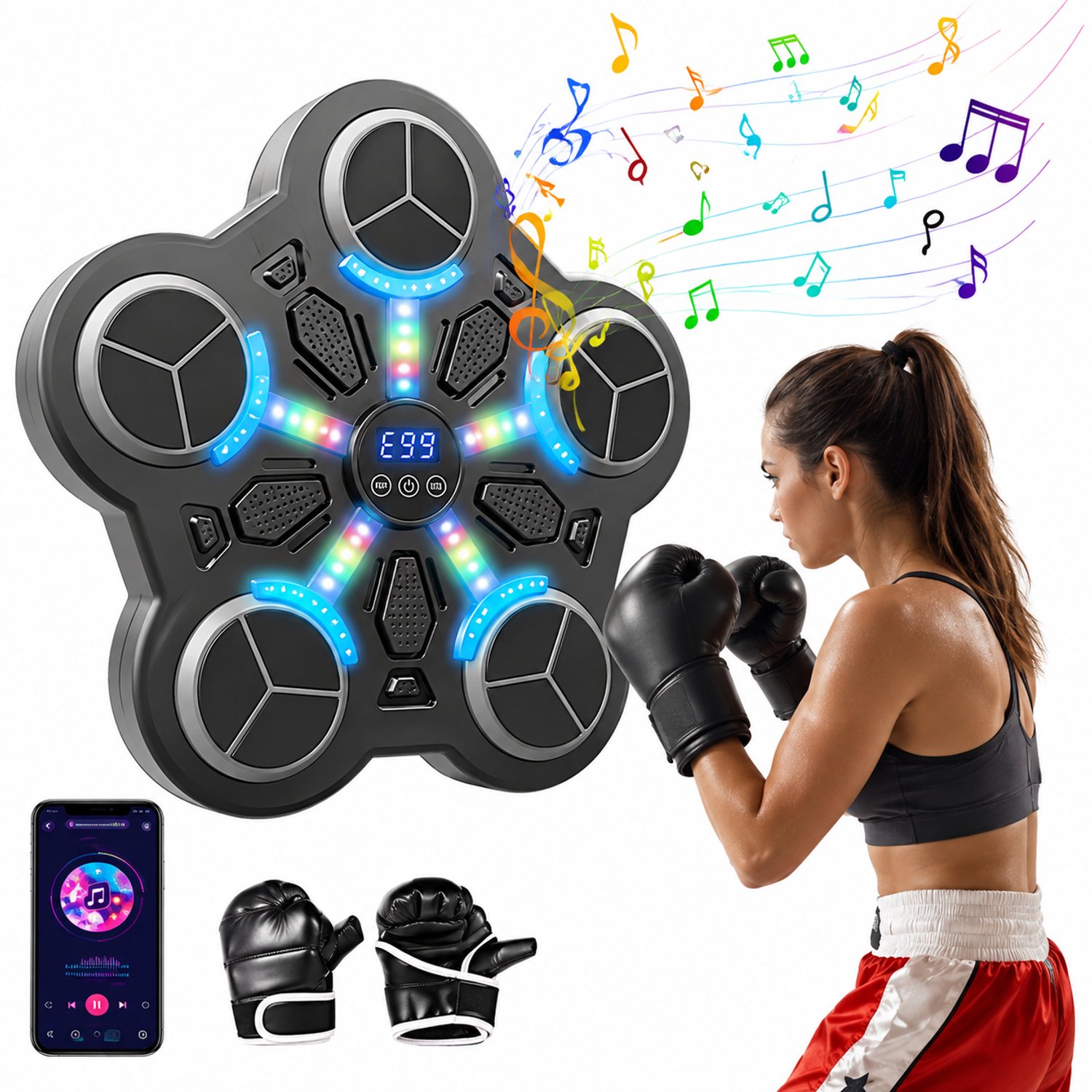 CreateEcom - boksbal - boksmachine - boksmachine met muziek - Wandgemonteerde boksmachine - 3 snelheidsniveaus - Geen boorinstallatie - Geschikt voor thuisgymnastiek voor fitness Gewichtsverlies - Perfect cadeau voor familie vrienden - 34x33x4,5cm