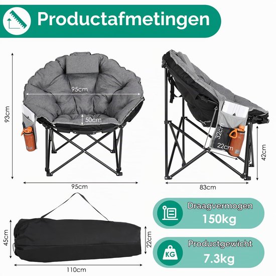 LIFERUN Campingstoel Opvouwbaar - Strandstoel - Klapstoel - Moonchair 150KG - Grijs — afbeelding 2