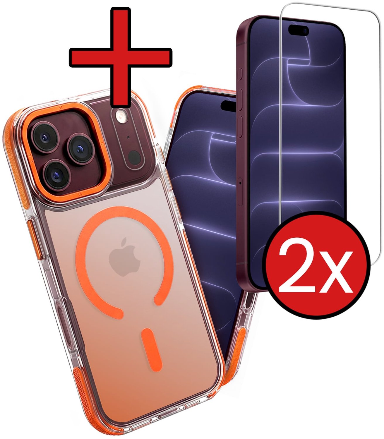 Hoesje - Met 2x Screenprotector - Geschikt voor Apple iPhone 18 Pro Max - Magsafe Compatible - Holographic - Sterk & Shockproof - Shock Proof Case - Back Cover - Telefoon Hoes - Telefoonhoes - Oranje