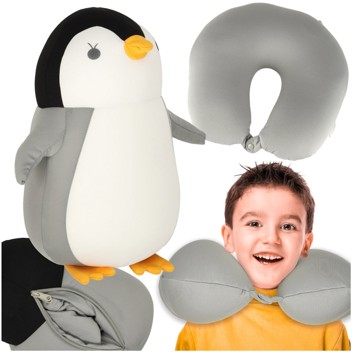 Reis kussen 2-in-1 pinguïn knuffel voor auto & vliegtuig