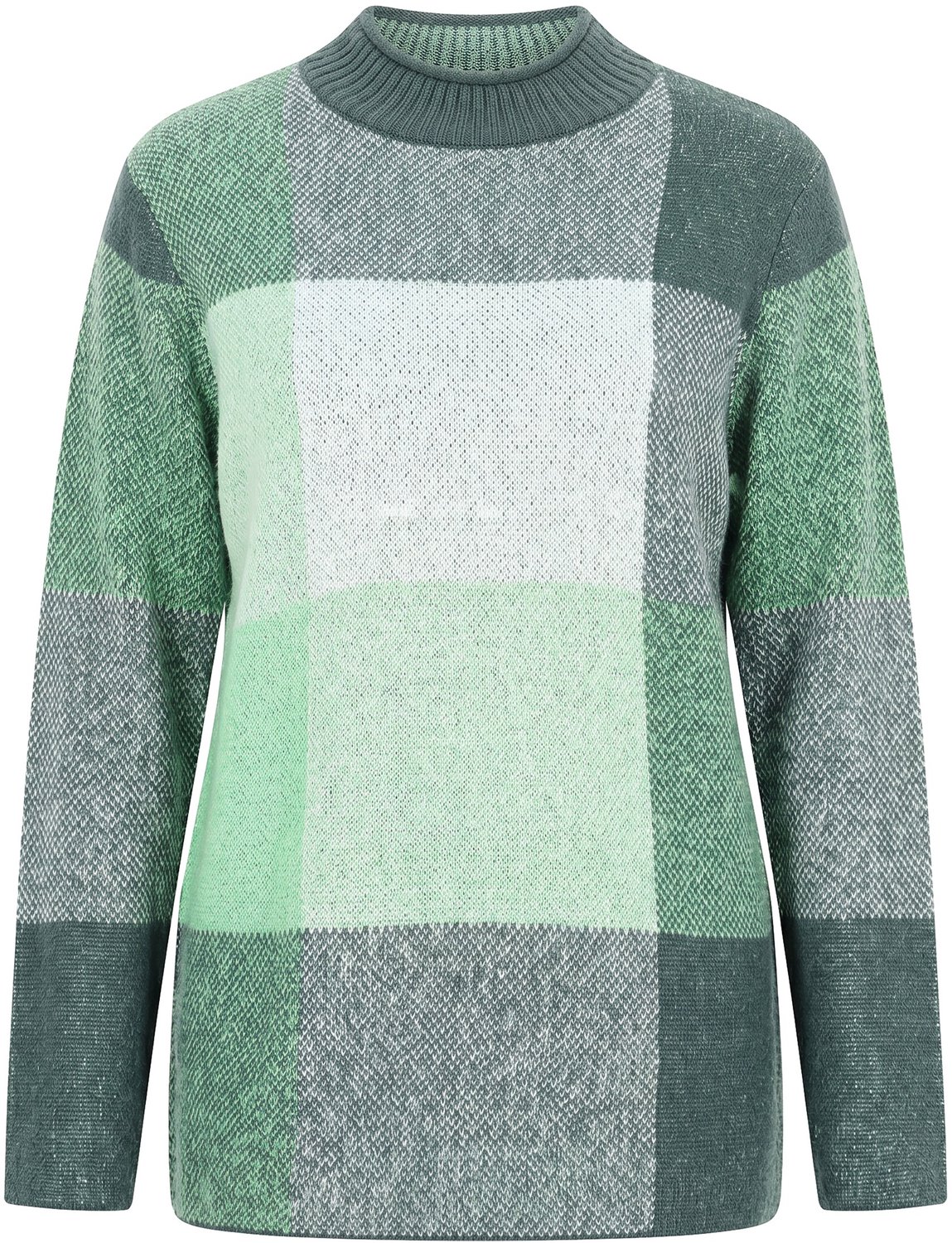 Ulla Popken - Dames - Pullover ruitpatroon opstaande kraag lange mouwen - Donkergroen - Maat 46+