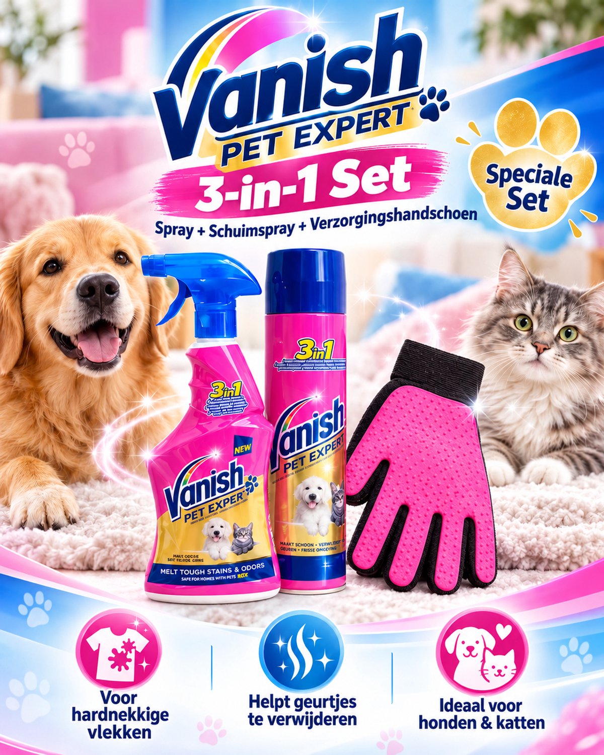 Vanish Pet Expert Spray 500ml + Verzorgingshandschoenen – Krachtige Vlek- & Geurverwijderaar voor Huisdieren- 3 Stuks