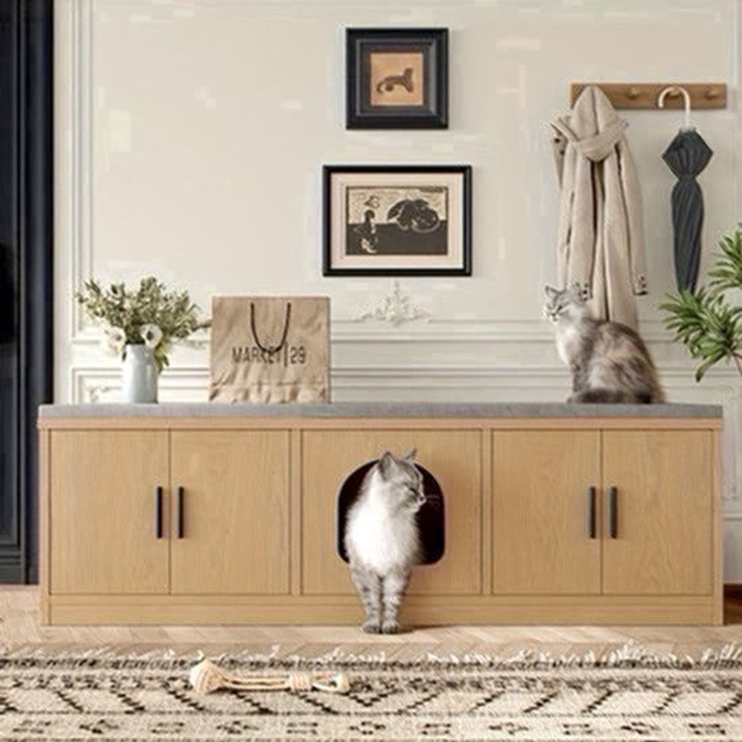 Kattenbakmeubel – Kattenbak Kast – Kattenbakkast – Kattenhuis – Kattenbak Ombouw – Verborgen Ontwerp – Geïntegreerde Krabpaal – Ruim Opbergvak – Natuurlijk Materiaal