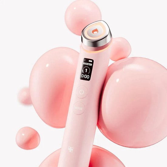 Lichtroze huidverzorgingsapparaat met digitaal display en zilverkleurige accenten, omringd door roze bollen.