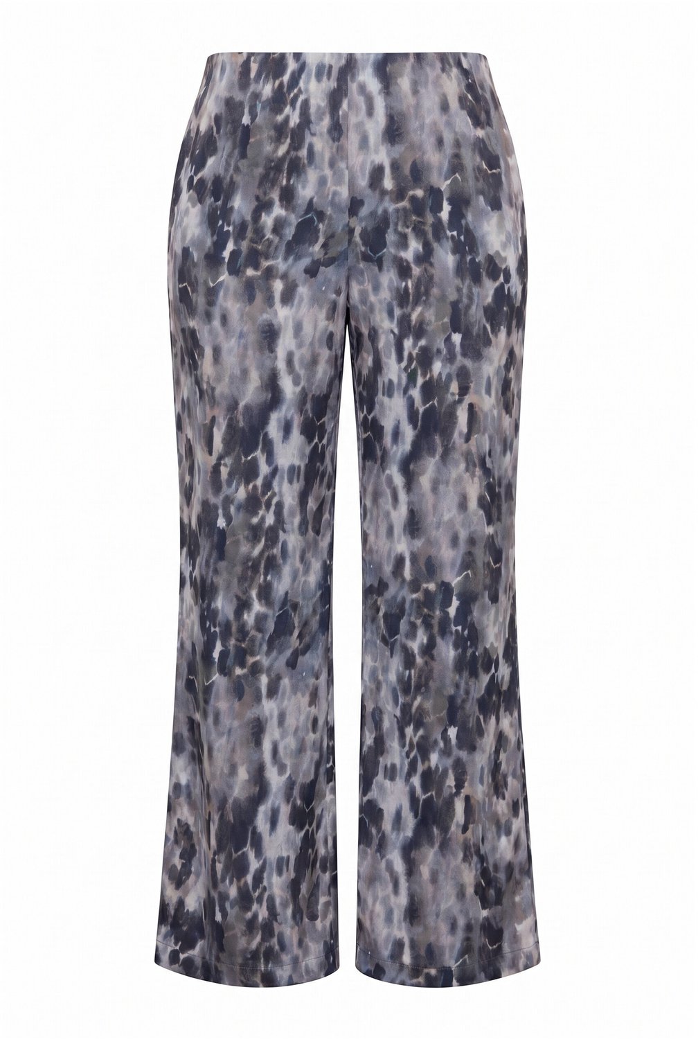 Ulla Popken - Dames - Satijnen broek Rose luipaardpatroon wijde pijpen - Grijsbeige - Maat 48