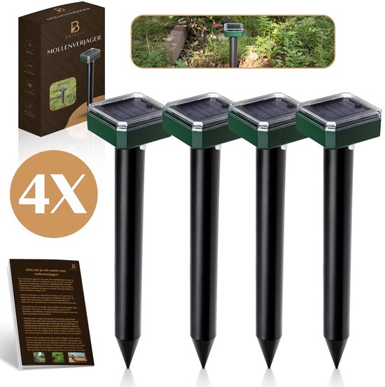 Set van 4 zonne-energie mollenverjagers, zwart met groene top, met stekker voor in de grond.