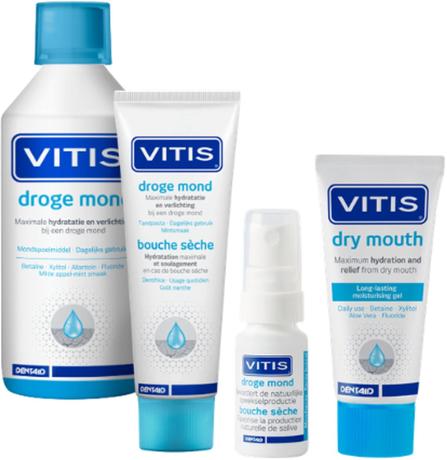 Vitis Droge Mond Voordeelpakket - Mondwater, Tandpasta, Gel & Mondspray