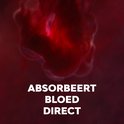 Text 'ABSORBEERT BLOED DIRECT' over een abstracte rode afbeelding van een bloedklonter.