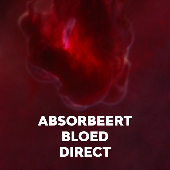 Text 'ABSORBEERT BLOED DIRECT' over een abstracte rode afbeelding van een bloedklonter.