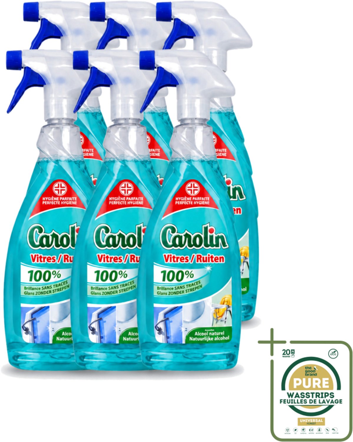 6 x Carolin - Glas- en Ruitenreiniger - Met Natuurlijke Alcohol - 650 ml - Wasstrips - Glas Reinigen - Ruiten Reinigen - Glas Reiniger - Ruiten Reiniger - Natuurlijke Alcohol
