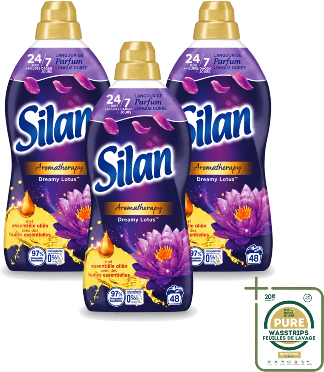 3 x Silan Aromatherapy - Wasverzachter - Dreamy Lotus - Essentiële Oliën en Langdurige Parfum - 48 Wasbeurten - 1.056L - Wasstrips - Wasverzachter - Geur - Essentiële Oliën - Kleding Verzorgen - Wasmachine