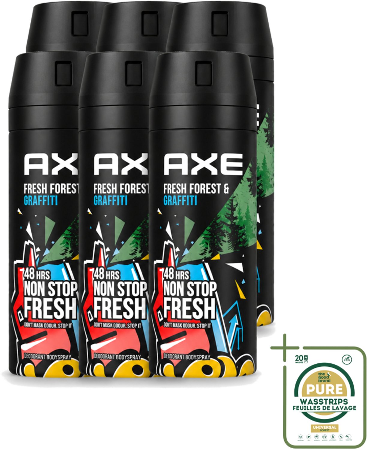 6 x Axe - Deodorant Bodyspray - 48hrs Fresh - Fresh Forest & Graffiti - 150 ml - Wasstrips - 48 Uur Bescherming - Deodorant Sprayer - Frisheid - Geur - Zweet