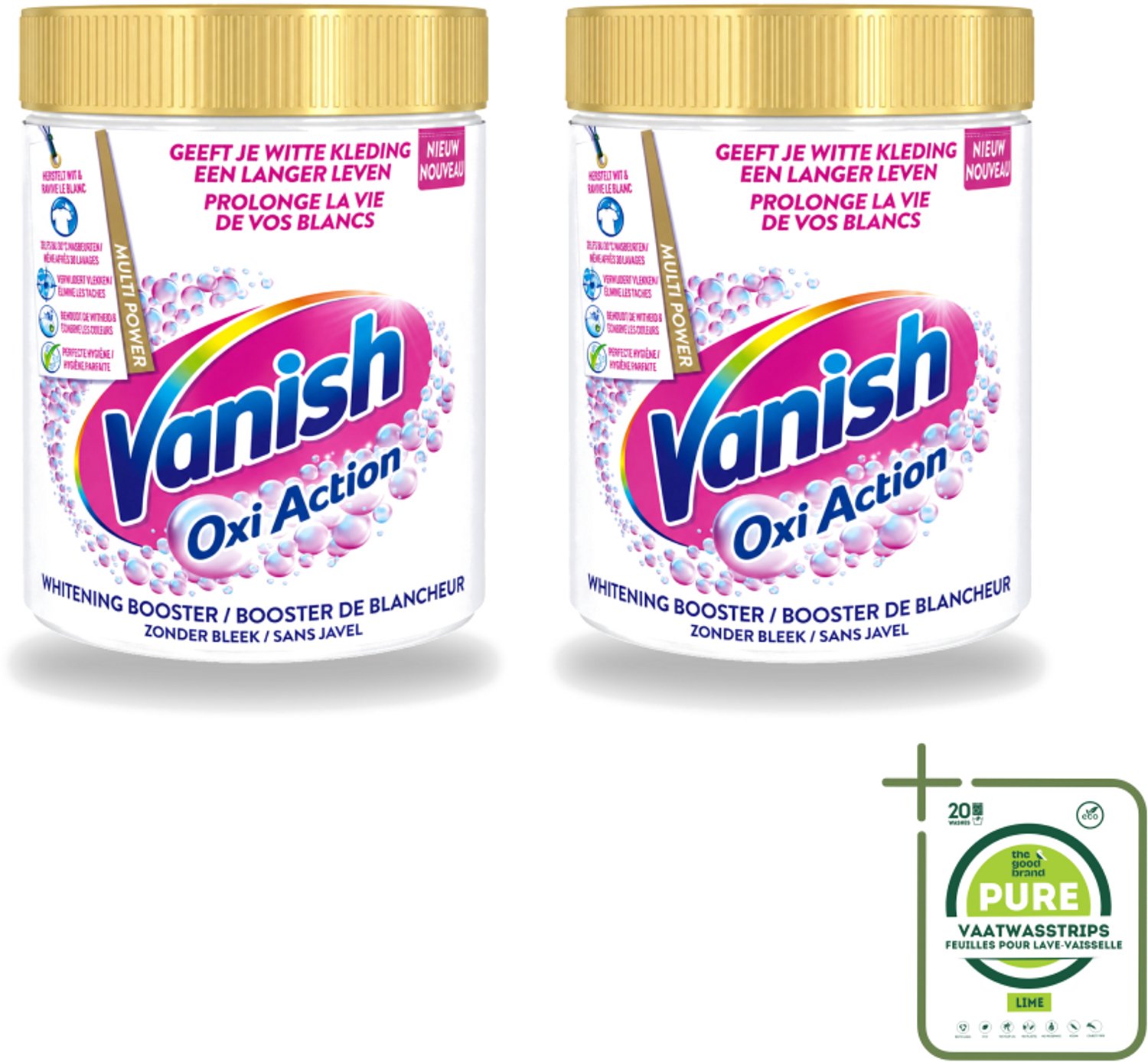 2 x Vanish Oxi Action - Vlekkenverwijderaar - Wasbooster - Zonder Bleek - Witte Was - 1 Kg - Grootverpakking - Vaatwasstrips - Vlekkenverwijderaar - Witte Was - Wasbooster - Bleekvrije Was - Geurverwijderaar