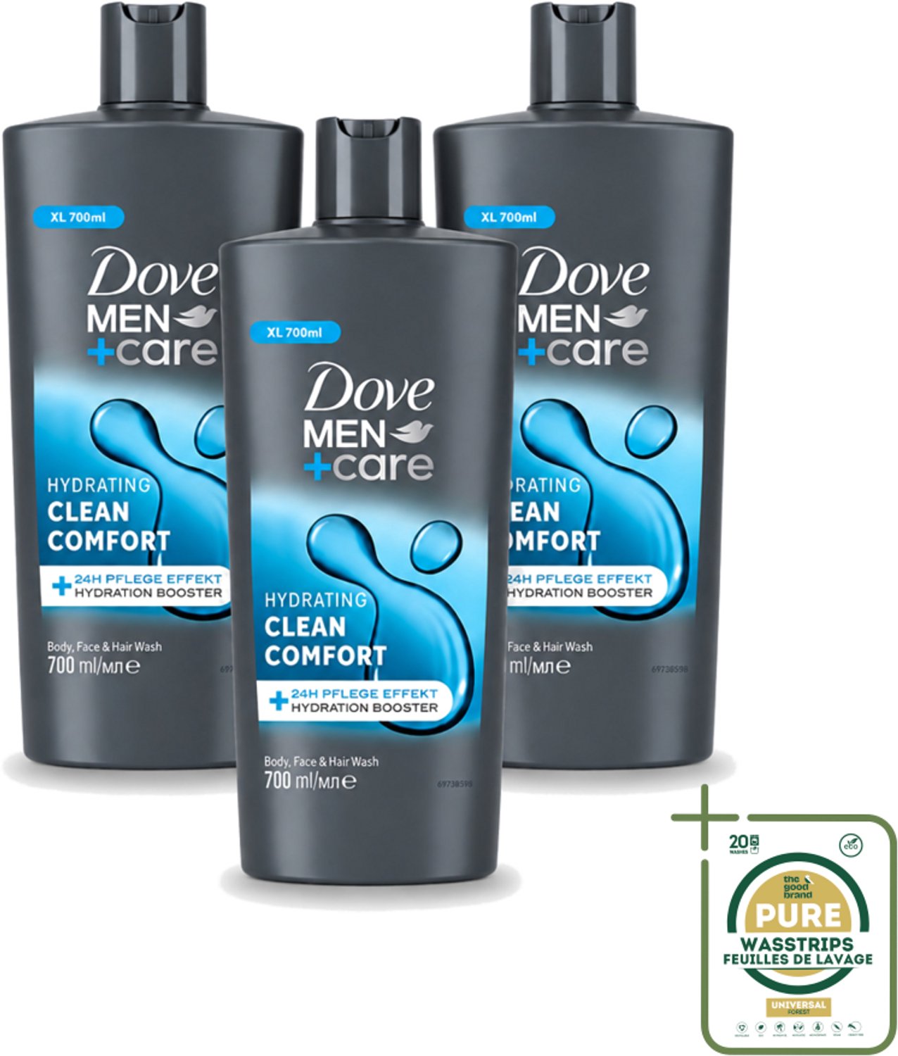 3 x Dove Men+Care - Clean Comfort - 3-in-1 Douchegel - Hydraterend- 700 ml - Wasstrips - Douchegel Voor Mannen - Lichaamsgel - Gezichtsgel - Haarverzorging - Hydraatende Douchegel