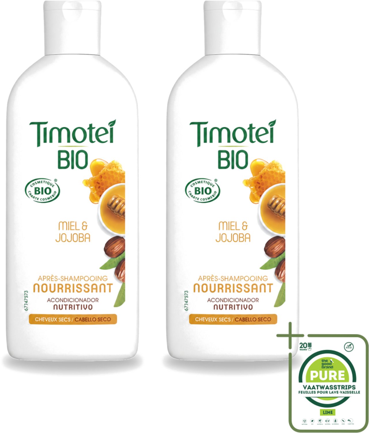 2 x Timotei - Crèmespoeling - Honing & Jojoba - Biologisch - Droog Haar & Droge Hoofdhuid - 250 ml - Grootverpakking - Vaatwasstrips - Crèmespoeling - Droog Haar - Droge Hoofdhuid - Honing - Jojoba-olie
