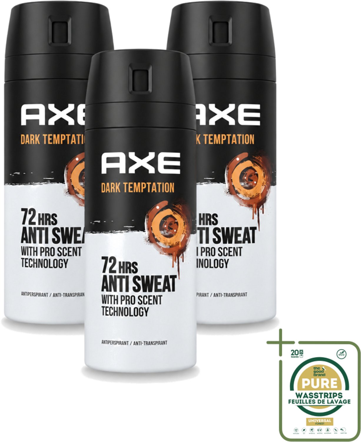 3 x Axe - Deodorant Spray - 72hrs Anti Sweat - Dark Temptation - 150 ml - Wasstrips - Anti-sweat Spray - 72 Uur Bescherming - Zweetvoorkomend - Geur Chocolade - Kruiden Geur