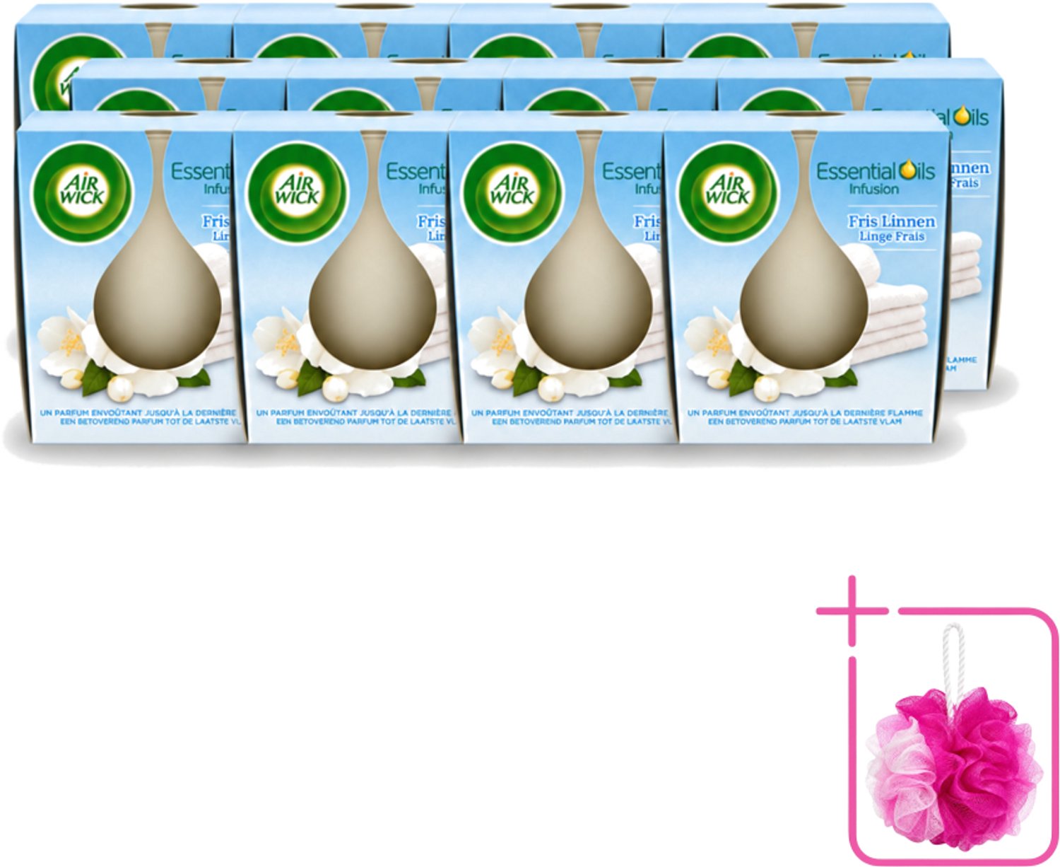 Air Wick 12 x Air Wick – Geurkaars – Fris Linnen met Essentiële Oliën – 105 g - Bulkverpakking - Geurkaars - Douchemop - Fris linnen Wit