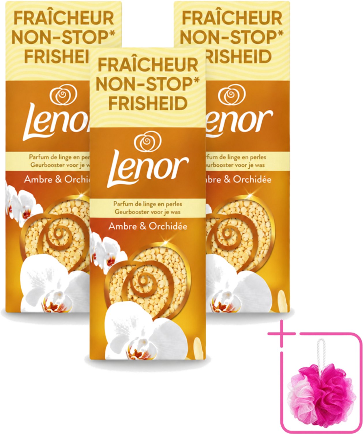 3 x Lenor – Geurbooster – Amber & Orchidee – 12 Wasbeurten – 155 g - Bulkverpakking - Geurparels - Douchemop - Wasgeur